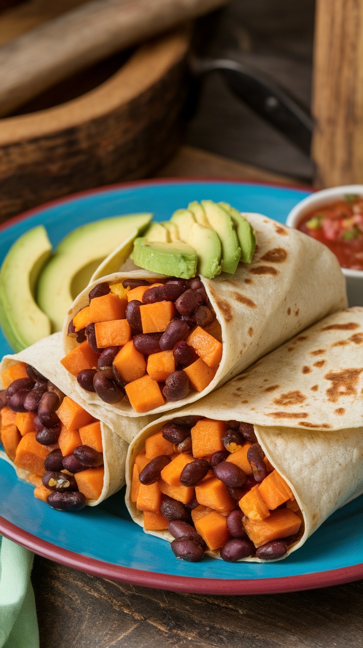 Sweet Potato and Black Bean Burritos on a plate with avocado and salsa.